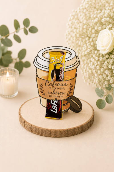 Mărturie de nuntă cu cafea 3 în 1 – Pahar personalizat