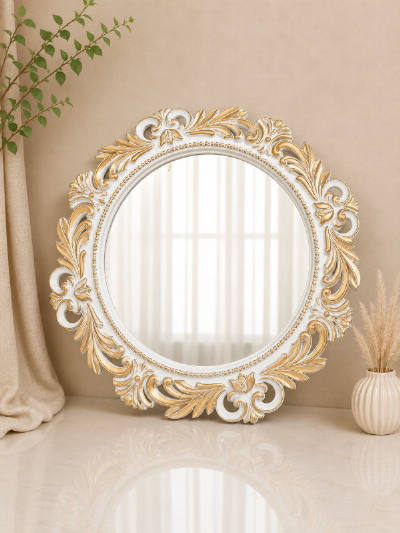 Oglindă Mireasă Rotundă cu Cadru Alb Auriu Brushed, 47 cm